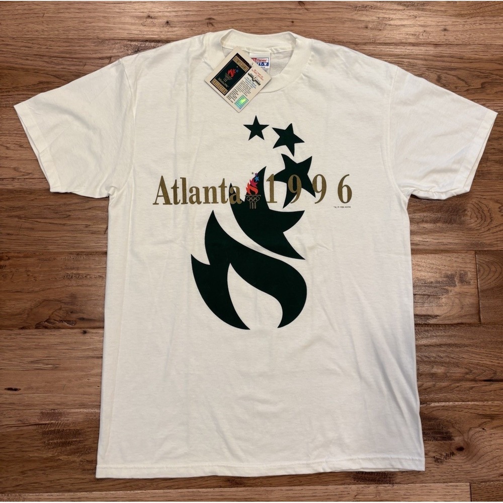 NOS Olympic 1996 ATLANTA T-Shirt Torch Star White 100% Cotton Hanes Men's L NEW